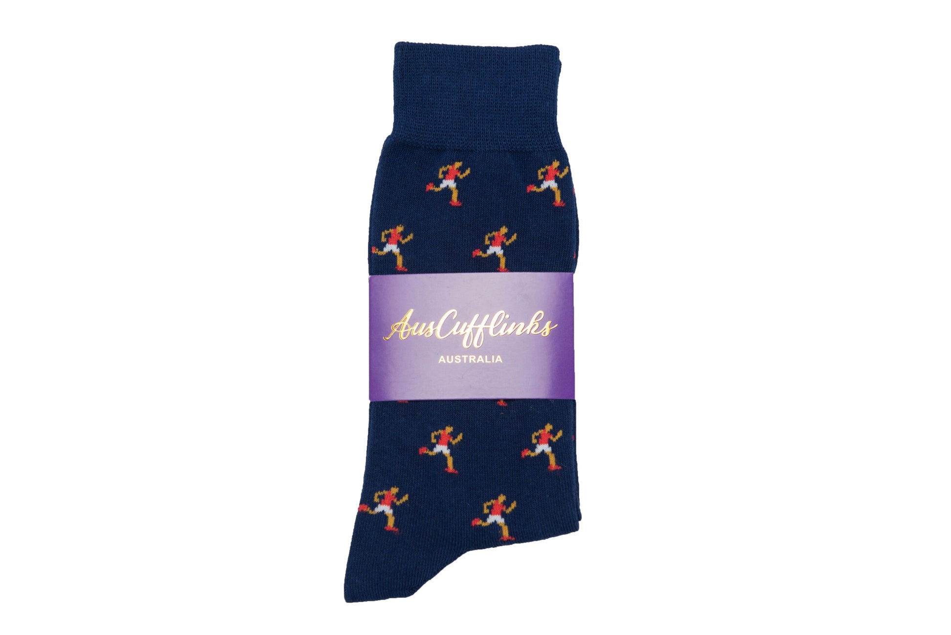 Athletics Socks: A blue sock with running people on it.