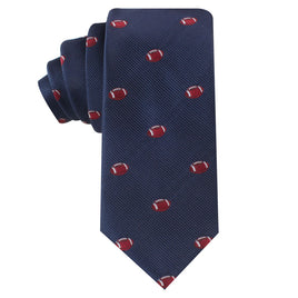 A dark blue Gridiron Skinny Tie with a pattern of small red and white footballs, offering both timeless appeal and athletic charm.