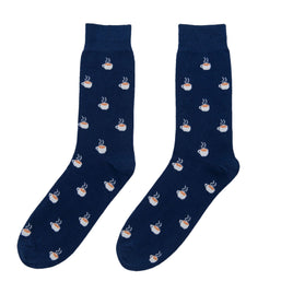 A pair of Coffee Socks with a print of a white cat on them.