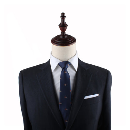 A fashionably dressed mannequin dummy donning a suit and tie with melodic finesse, the Piano Skinny Tie.