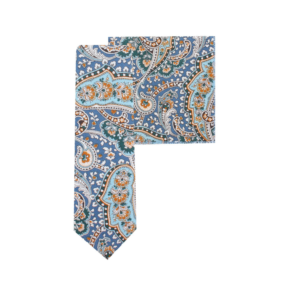 Blue Paisley Skinny Necktie and Pocket Square Set