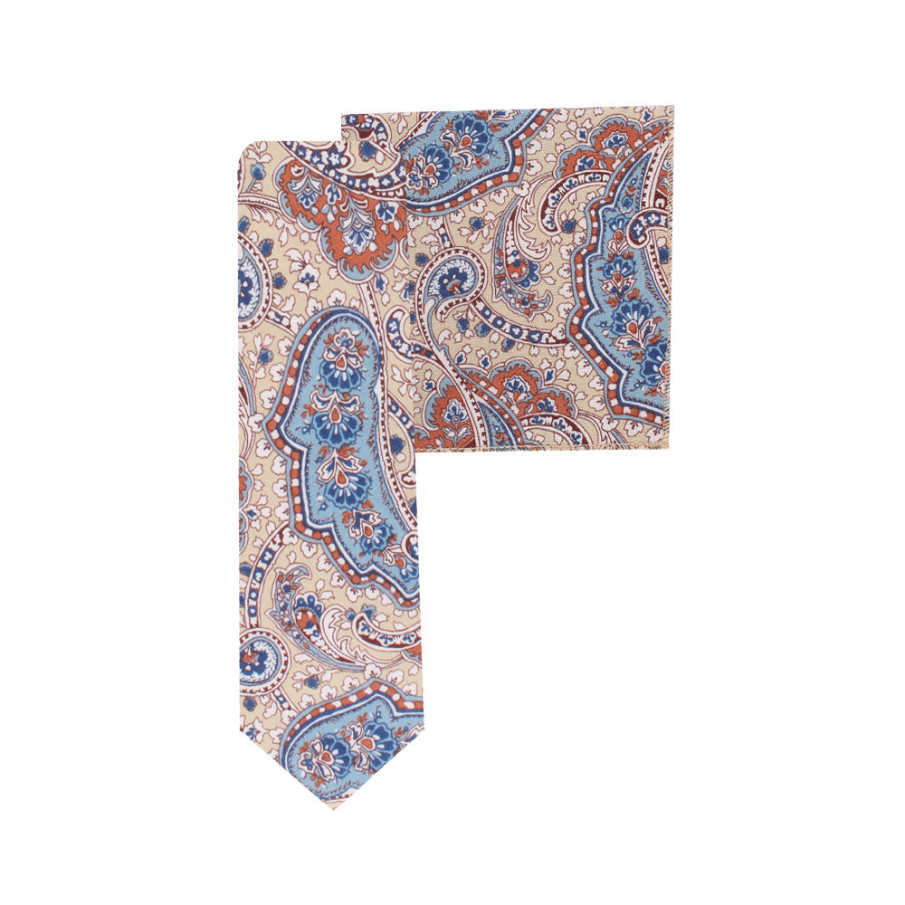 Blue Latte Brown Paisley Skinny Necktie and Pocket Square Set