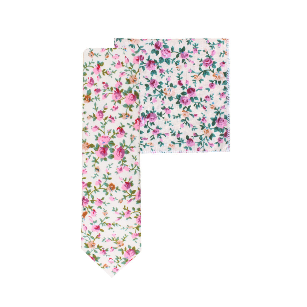 A Cream Floral Skinny Necktie and Pocket Square Set.
