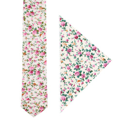 A Cream Floral Skinny Necktie and Pocket Square Set with an elegant floral pattern.
