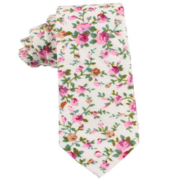 A cream floral skinny tie on a white background, blossoming style.