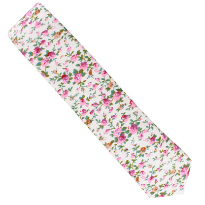 A cream floral skinny tie with blossoming style on a white background.