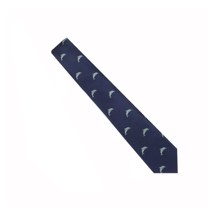 A navy blue Dolphin Skinny Tie with a pattern of small, light blue sailboats uniformly arranged across its surface, perfect for ocean enthusiasts.