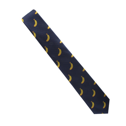 Navy blue Banana Skinny Tie with a tropical banana pattern, blending modern elegance.