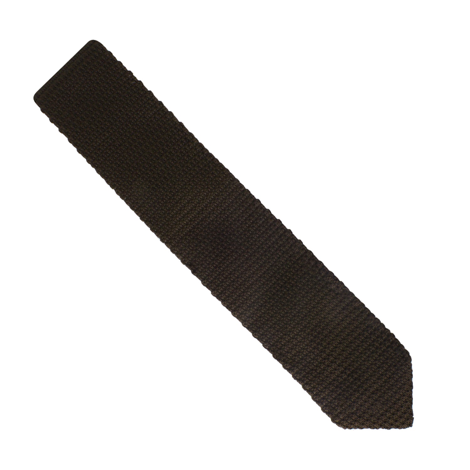 A brown knitted skinny tie on a white background.