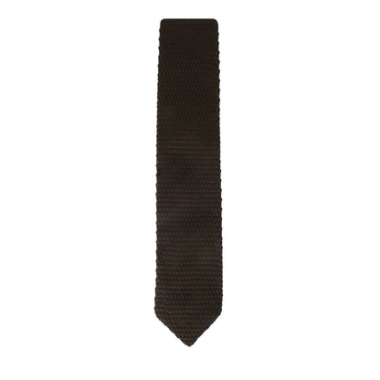 A brown knitted skinny tie with finesse on a white background.