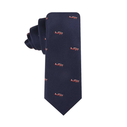 A Classic Aircraft Skinny Tie with a red flight logo on it.
