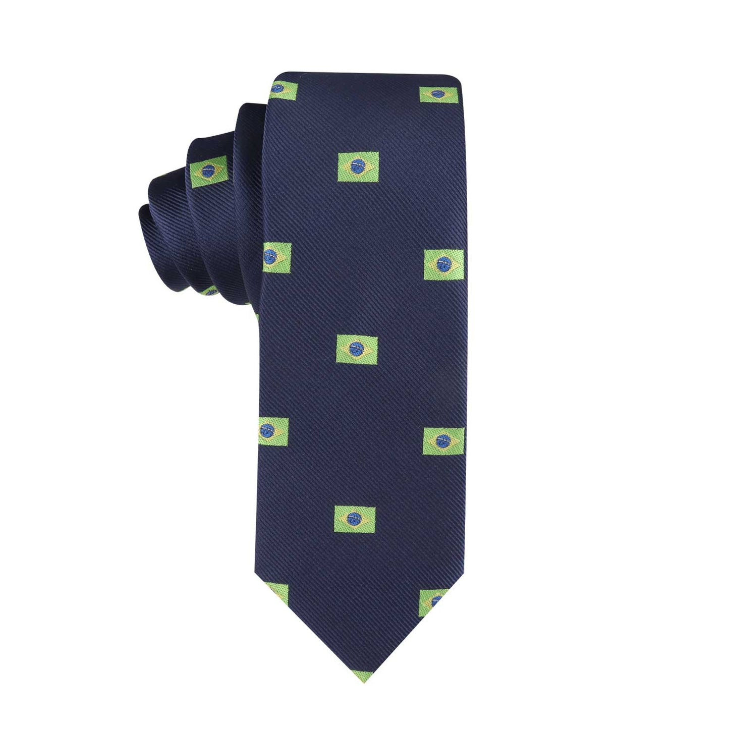 A Brazil Flag Skinny Tie with vibrant green and blue squares on it.