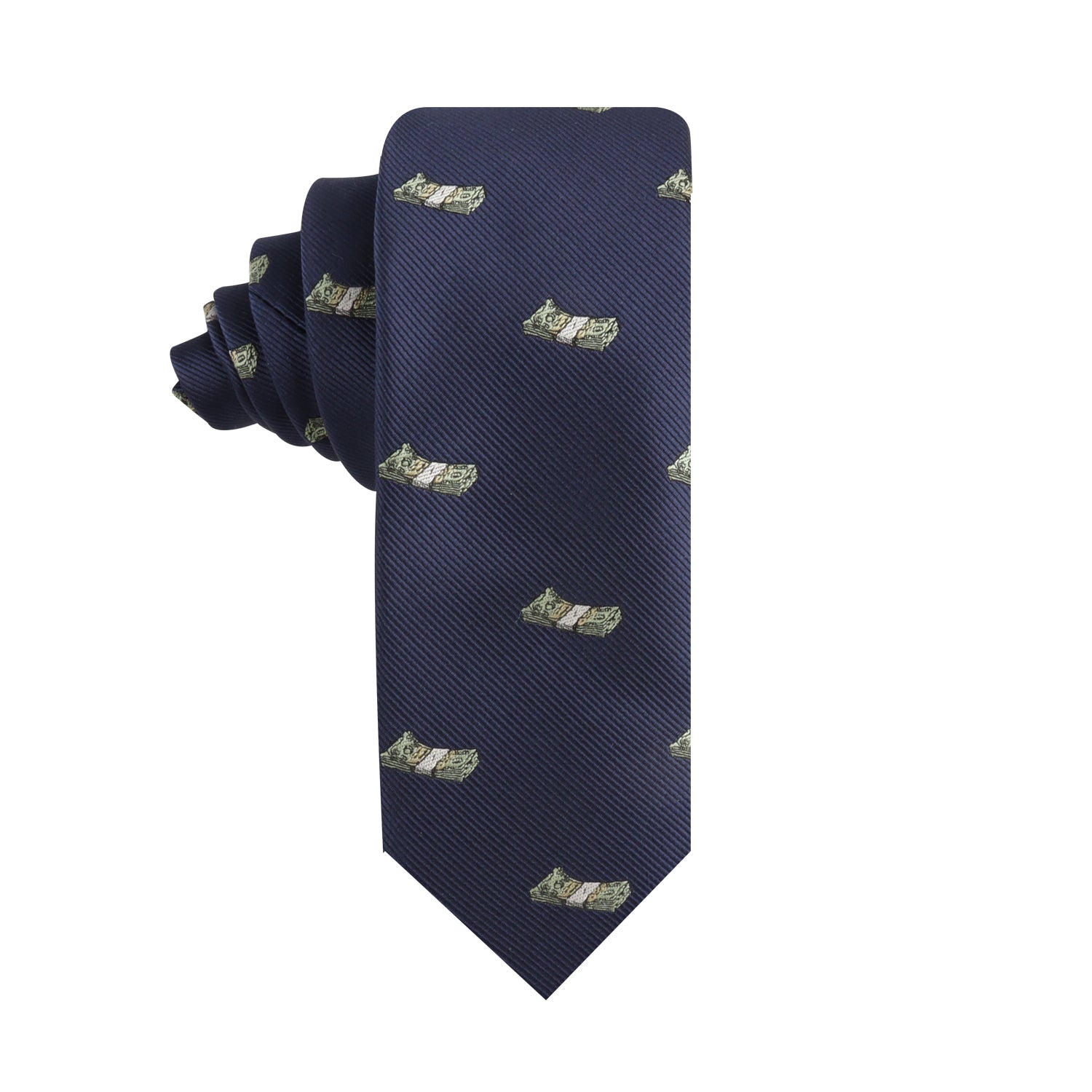 A luxe navy Cash Skinny Tie adorned with a dollar bill to add a touch of affluence to your look.