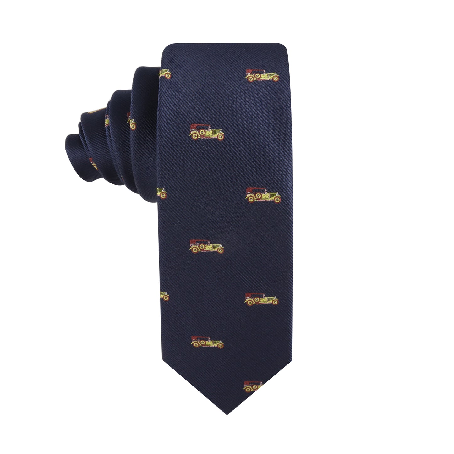 A Classic Car Skinny Tie with a vintage class logo on it.