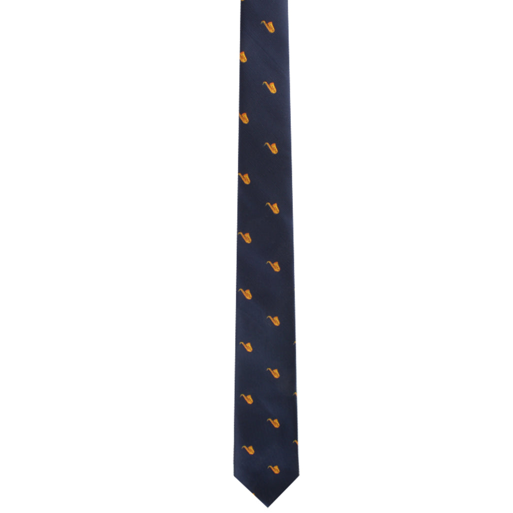 Saxophone Skinny Tie redefined with a pattern of small yellow ducks, adding a touch of musical elegance to its appearance.