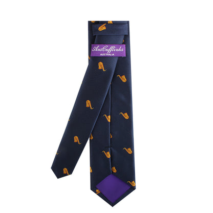 Saxophone skinny tie with yellow saxophone pattern, embodying musical elegance in its design, and featuring a branded label.