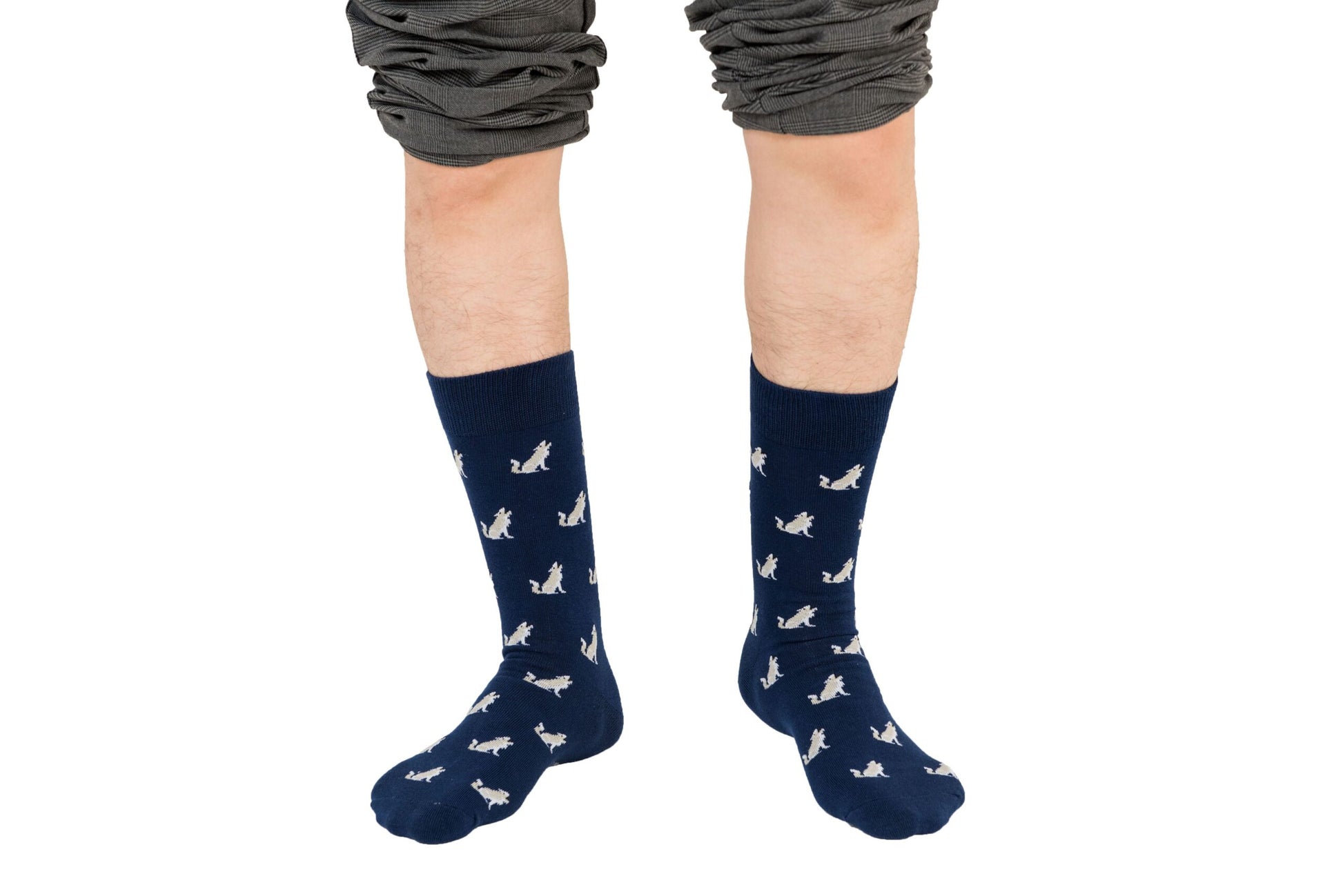 A person standing wearing Wolf Socks with white bird patterns, takes every step leading the pack, isolated on a white background.