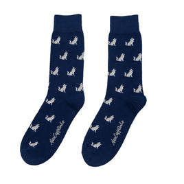 A pair of Wolf Socks with a pattern of white rabbits and the brand name written near the toe area, designed to lead the pack with every step.