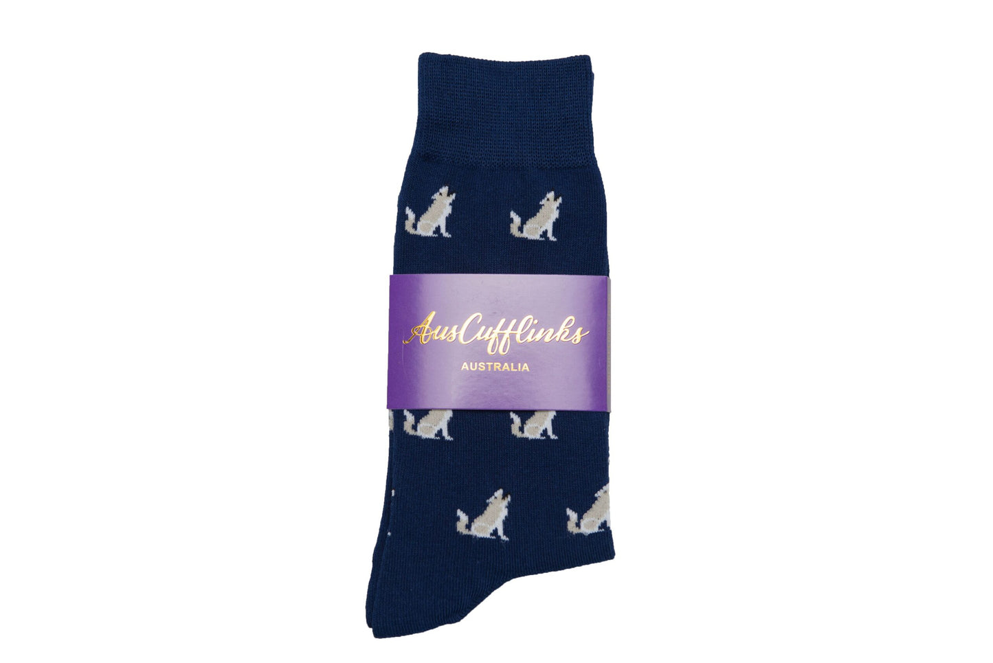 Wolf Socks with white kangaroo pattern, designed to lead the pack, and a purple brand label.