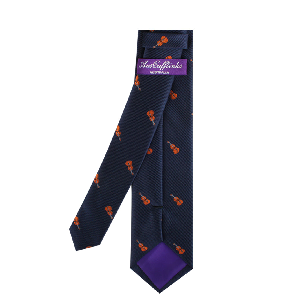 A melodic fashion tribute showcasing a Violin Skinny Tie adorned with orange and purple flowers.