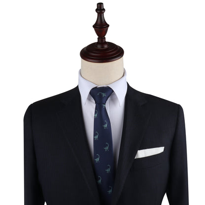 A black suit with a Brontosaurus Skinny Tie on a mannequin dummy that exudes dino elegance.