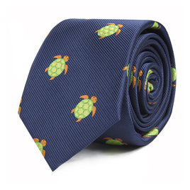 Green Turtle Skinny Tie with a pattern of green and orange turtles, embodying modern style, rolled up against a white background.