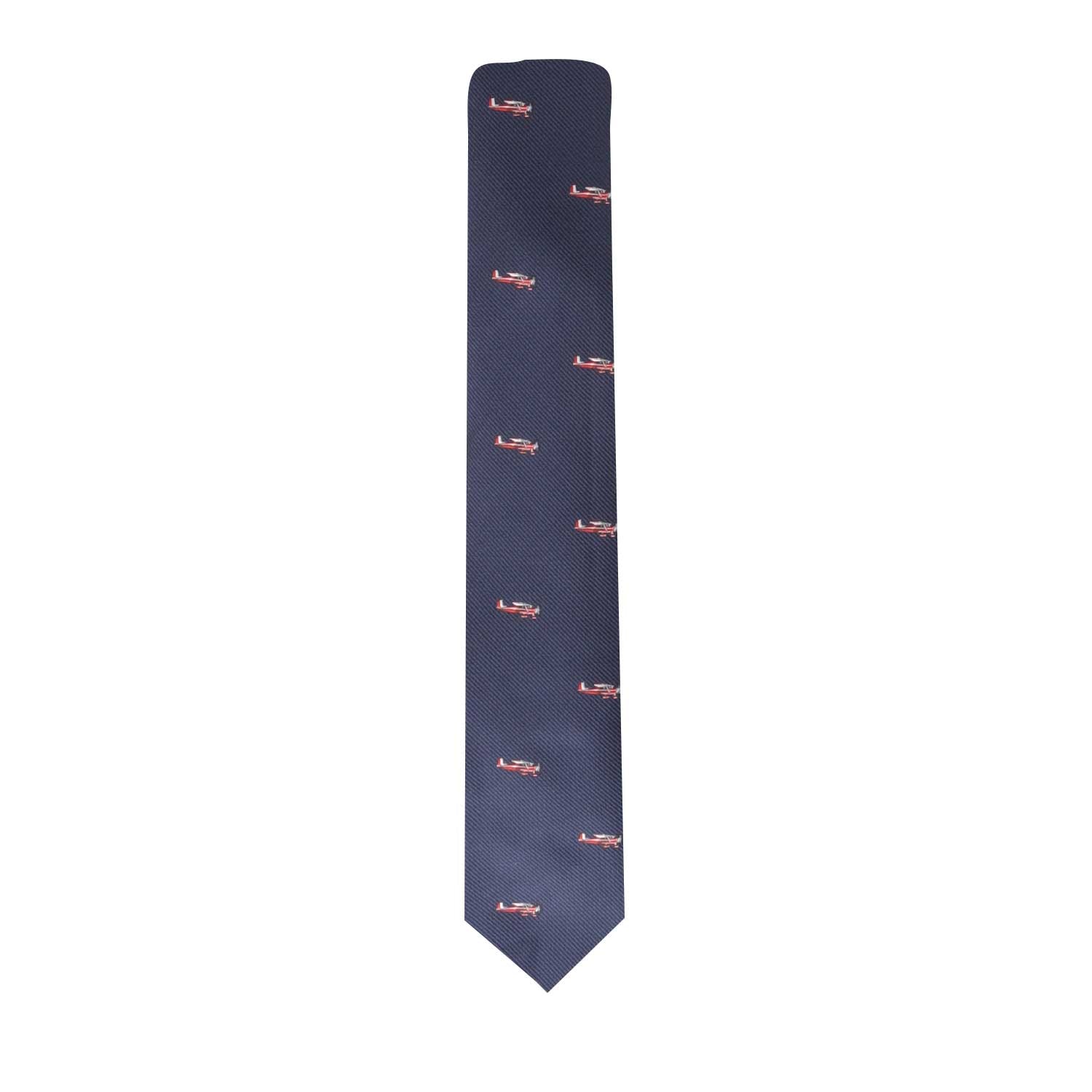 A Classic Aircraft blue tie with a red logo on it.