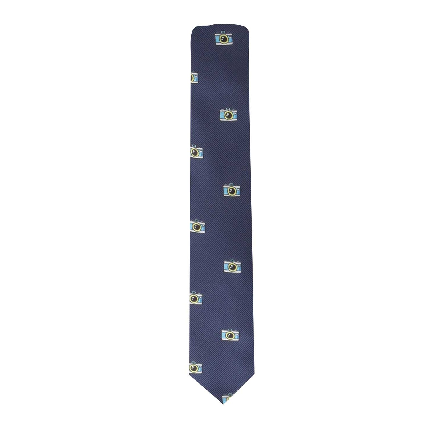 A blue tie with a Camera Skinny Tie design on it.