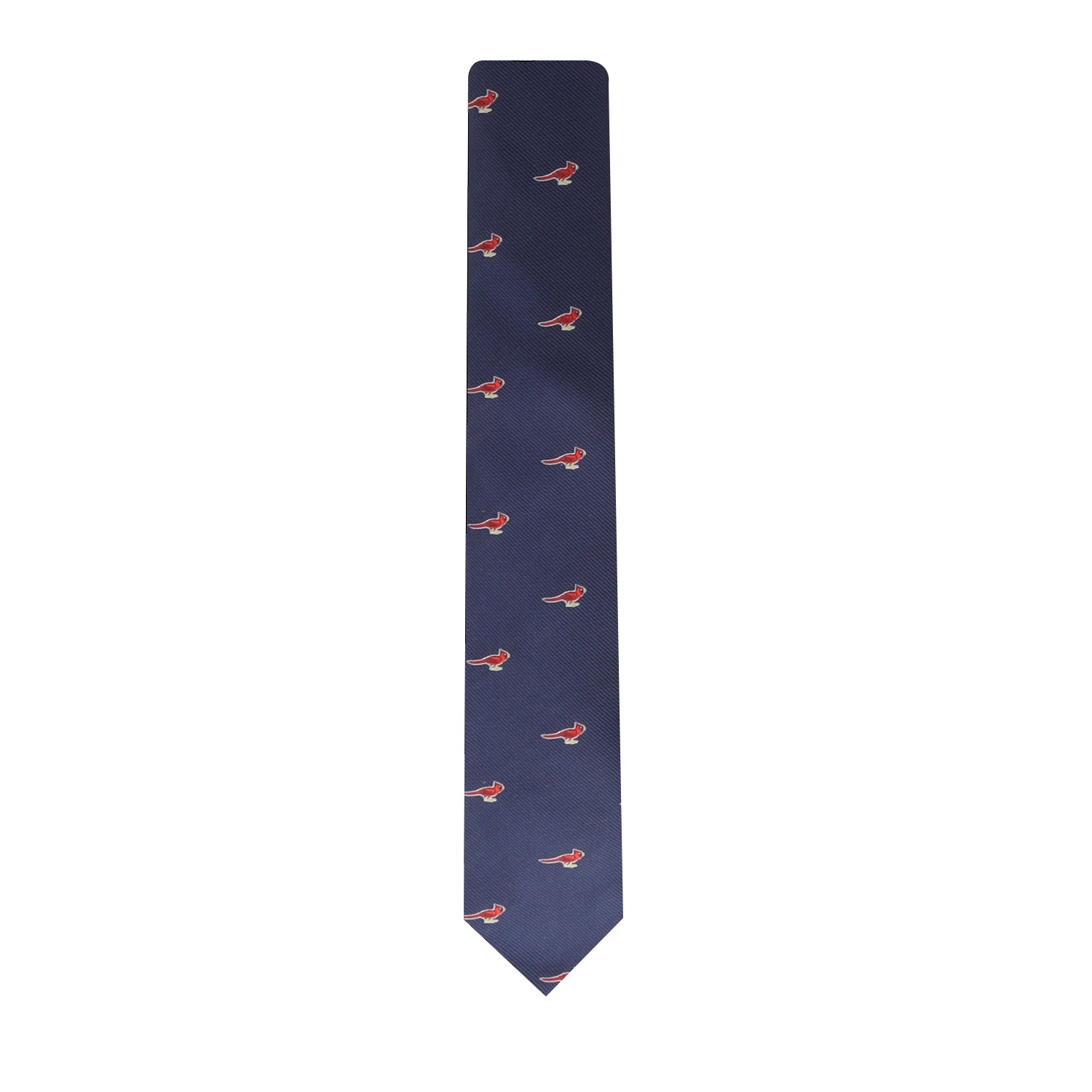 A blue tie with a vivid Cardinal bird on it.
