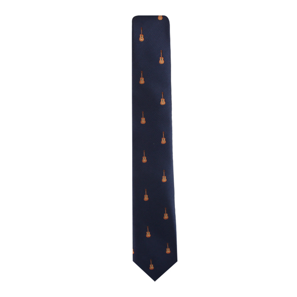 Navy blue Guitar Skinny Tie with a stylish design of small orange guitars, displayed against a white background.
