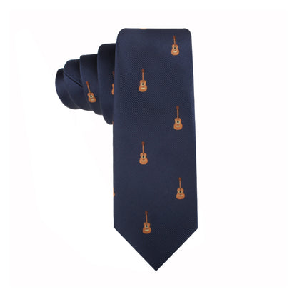 Navy blue Guitar Skinny Tie with a stylish design of orange guitars, displayed against a white background.
