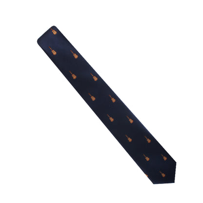 A Guitar Skinny Tie patterned with small orange fox motifs, expressed through a stylish design, displayed against a white background.