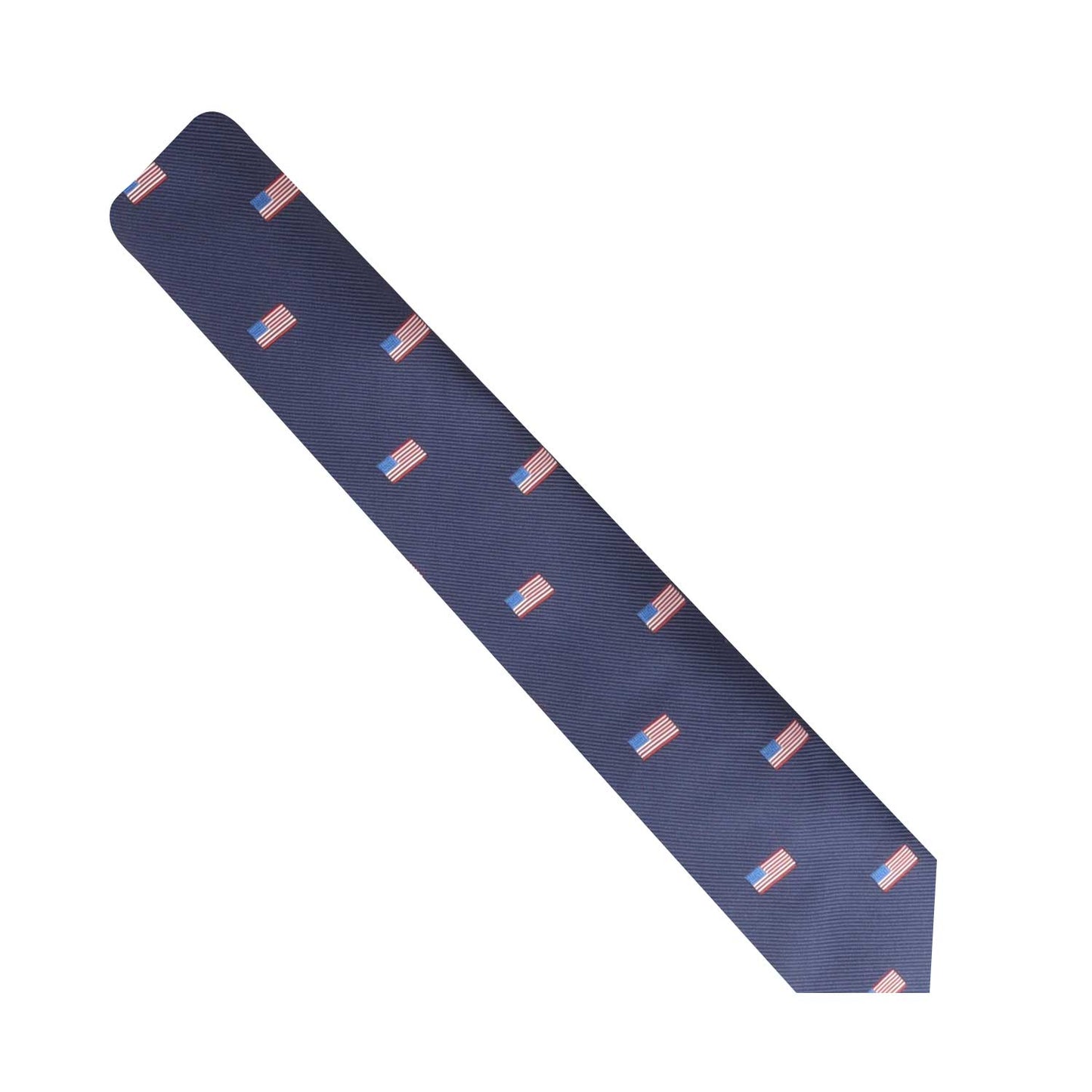 Demonstrating patriotic flair, the 4th of July Tie features a navy blue design adorned with small American flags.