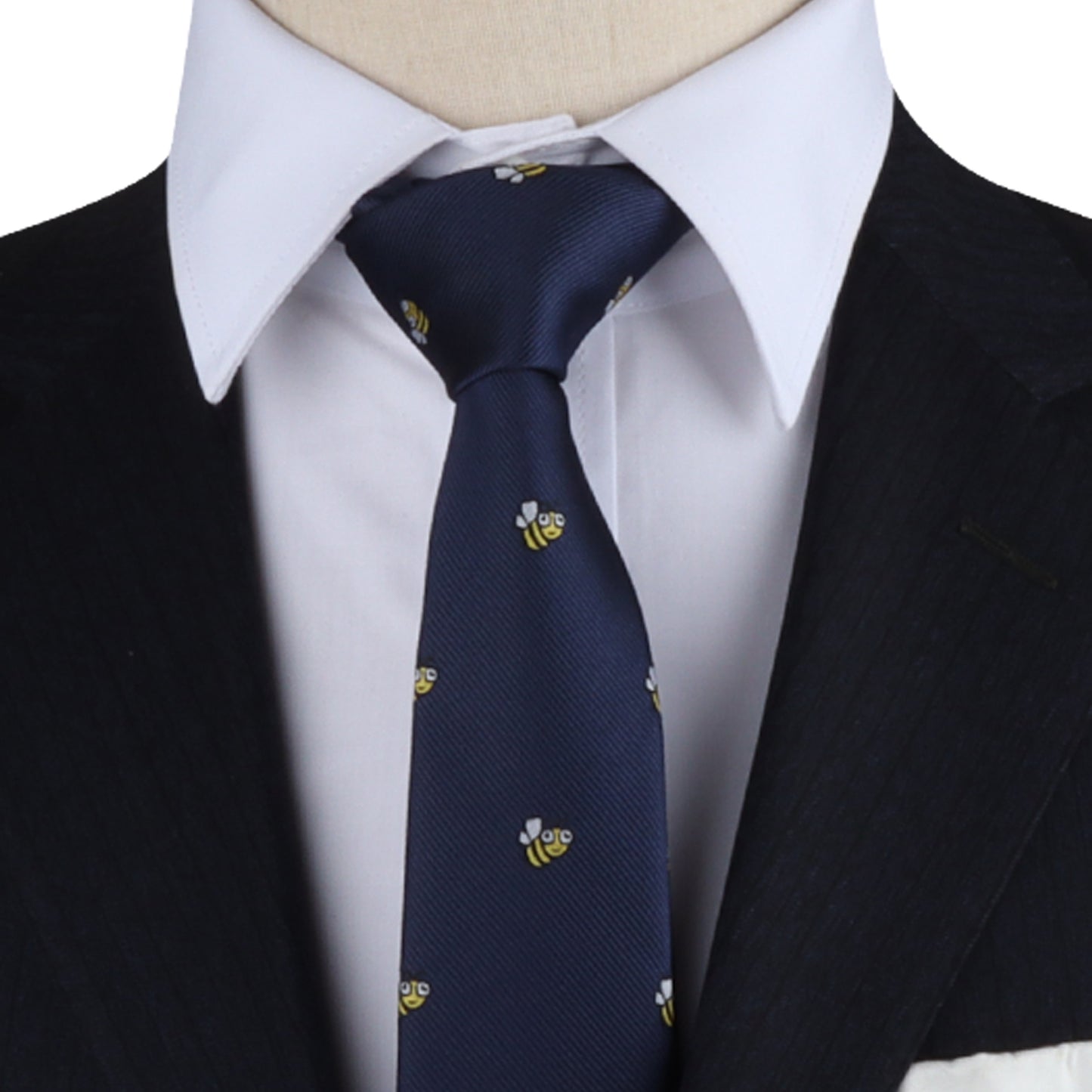 A stylish mannequin wearing a Bee Skinny Tie.