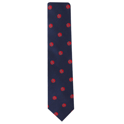 A Cricket Skinny Tie with red dots, perfect for Cricket enthusiasts.