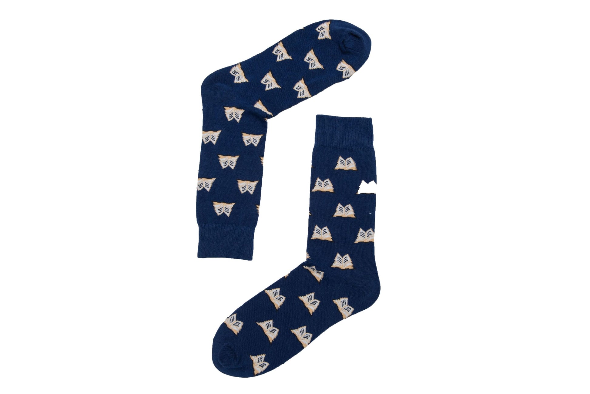 A pair of blue Book Socks with cat designs on them.