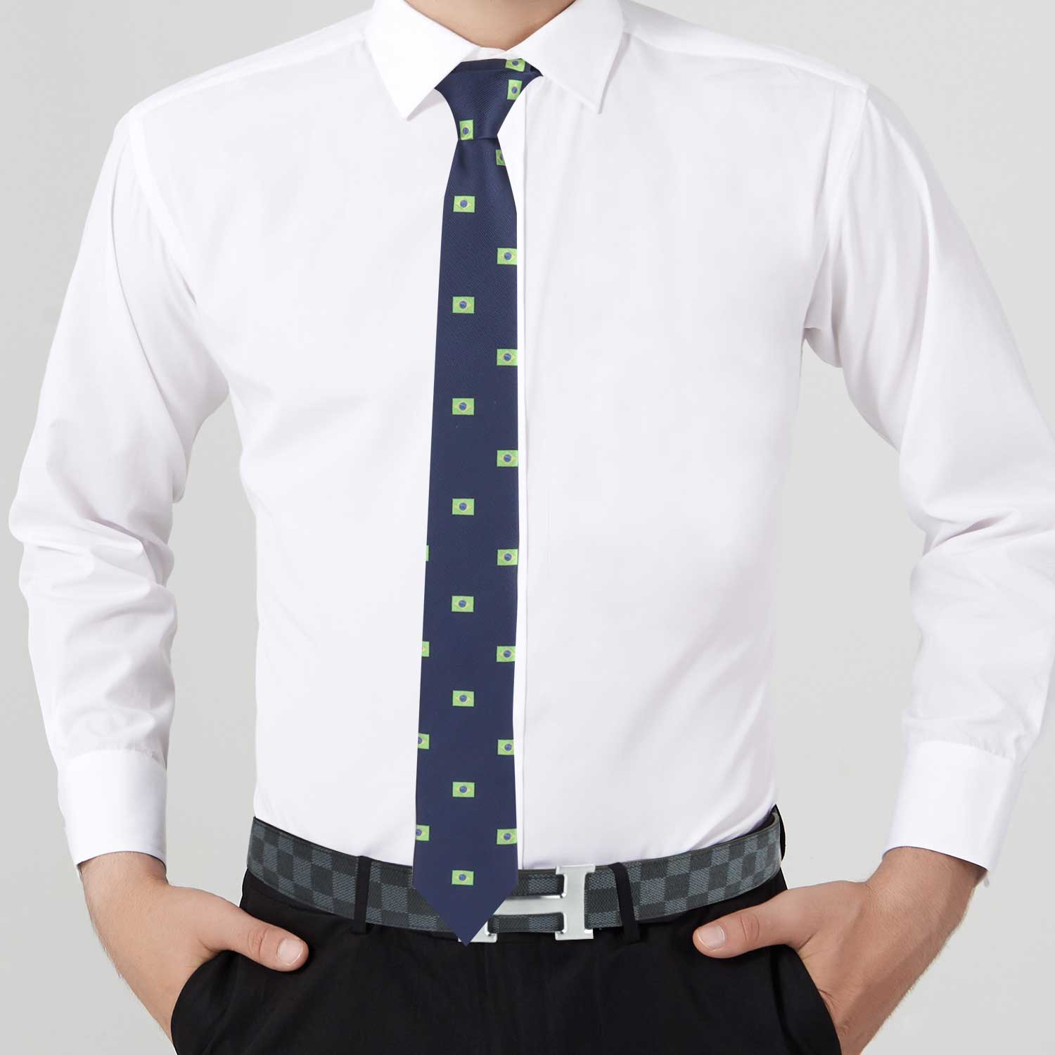 A man in a white shirt is wearing a Brazil Flag Skinny Tie.