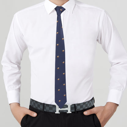 A man with dashing elegance, wearing a Horse Racing Skinny Tie and white shirt.