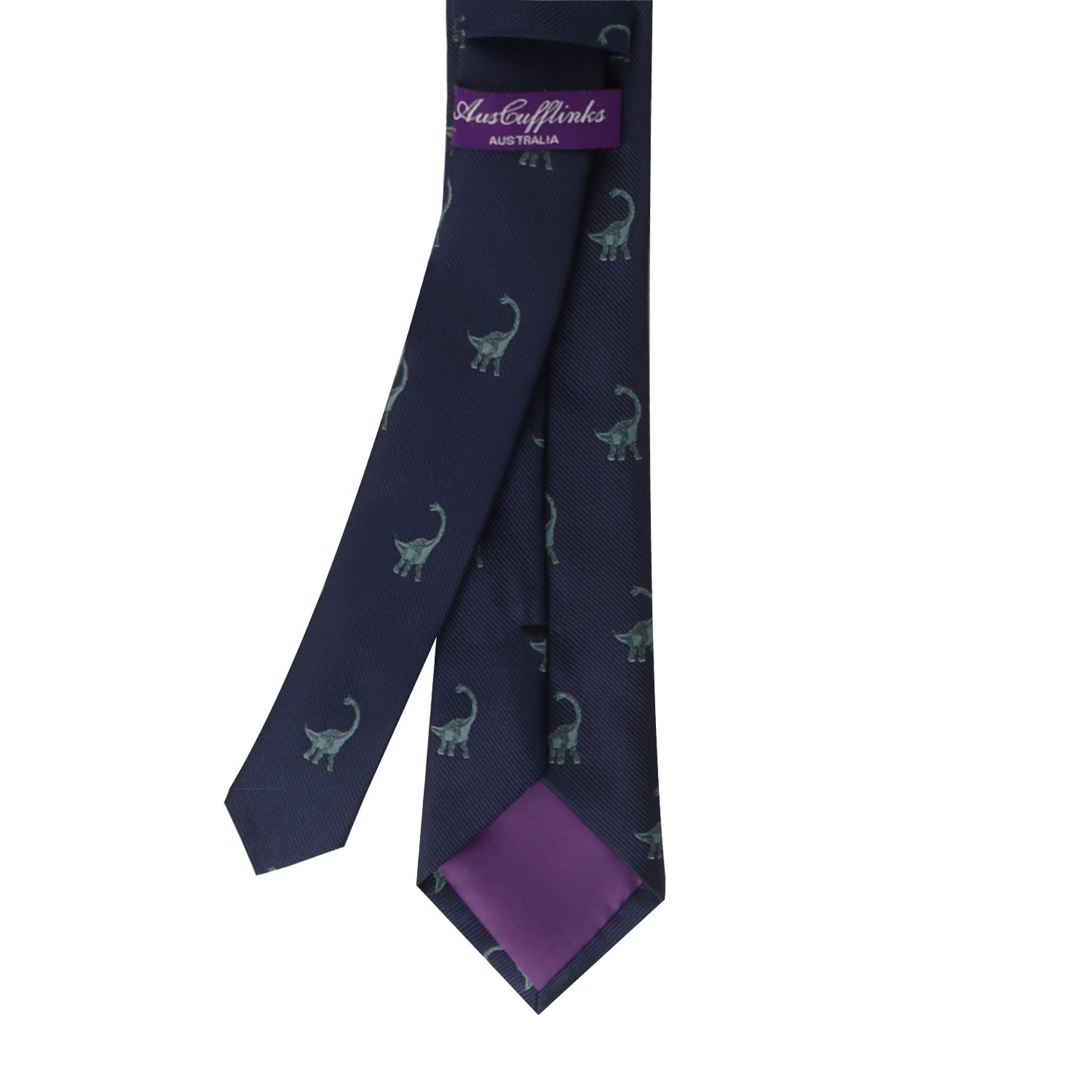A Brontosaurus Skinny Tie with a dinosaur print on it, bringing a touch of dino elegance to your look.