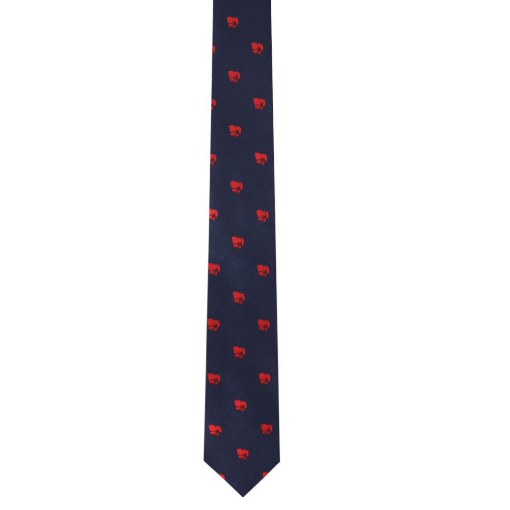 A navy Boxing Skinny Tie with red hearts on it and boxing-themed design.