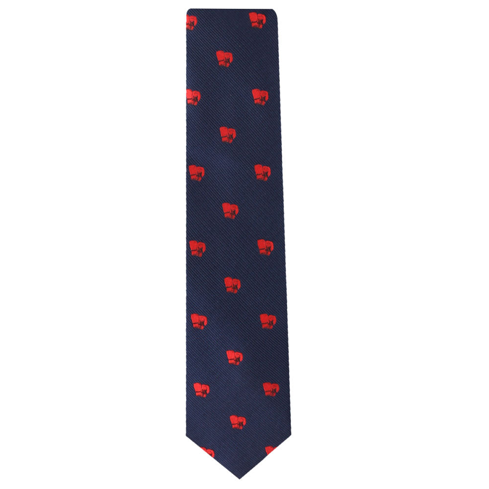 A Boxing Skinny Tie with red and blue hearts on it, symbolizing determination.