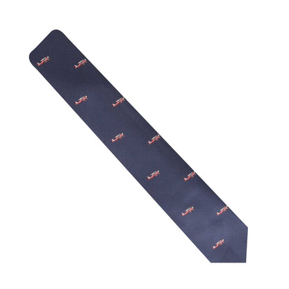 A fashion statement, a Classic Aircraft Skinny Tie with a red logo on it.