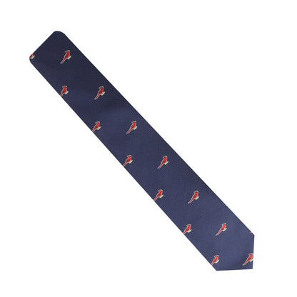 A blue tie with vivid elegance cardinal birds on it.