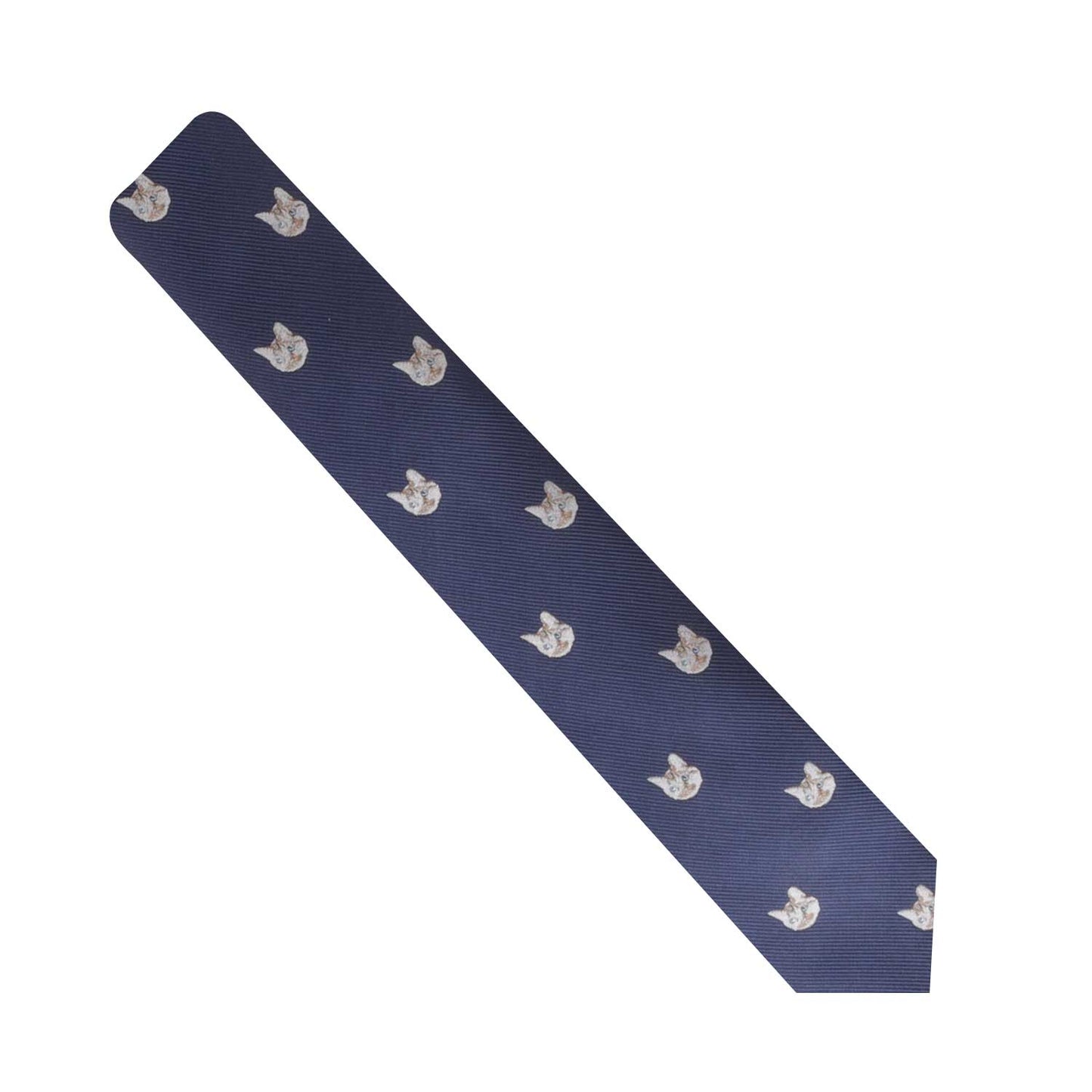A blue Cat Skinny Tie with elegant white birds.
