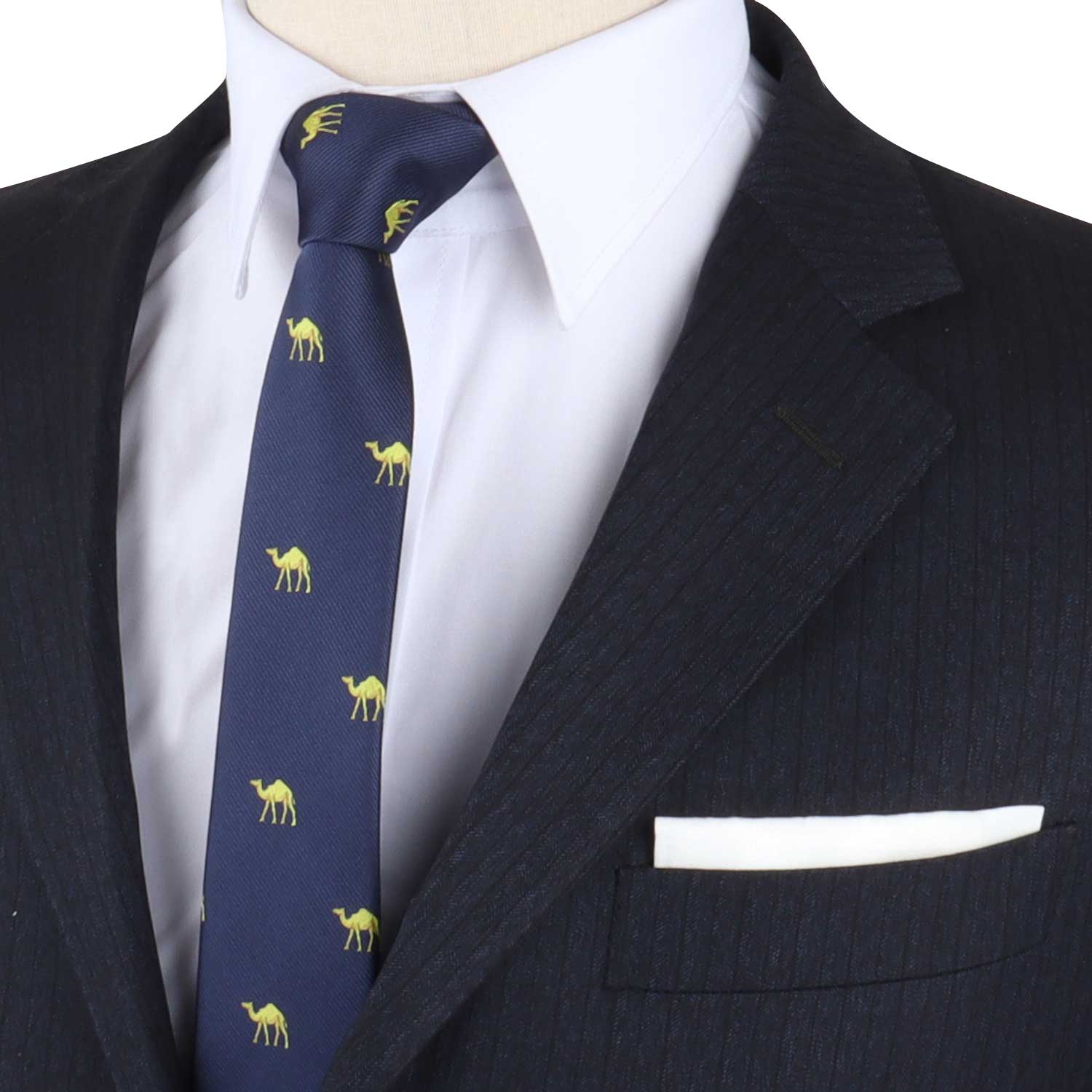 A mannequin wearing a blue suit with a Camel Skinny Tie charm.