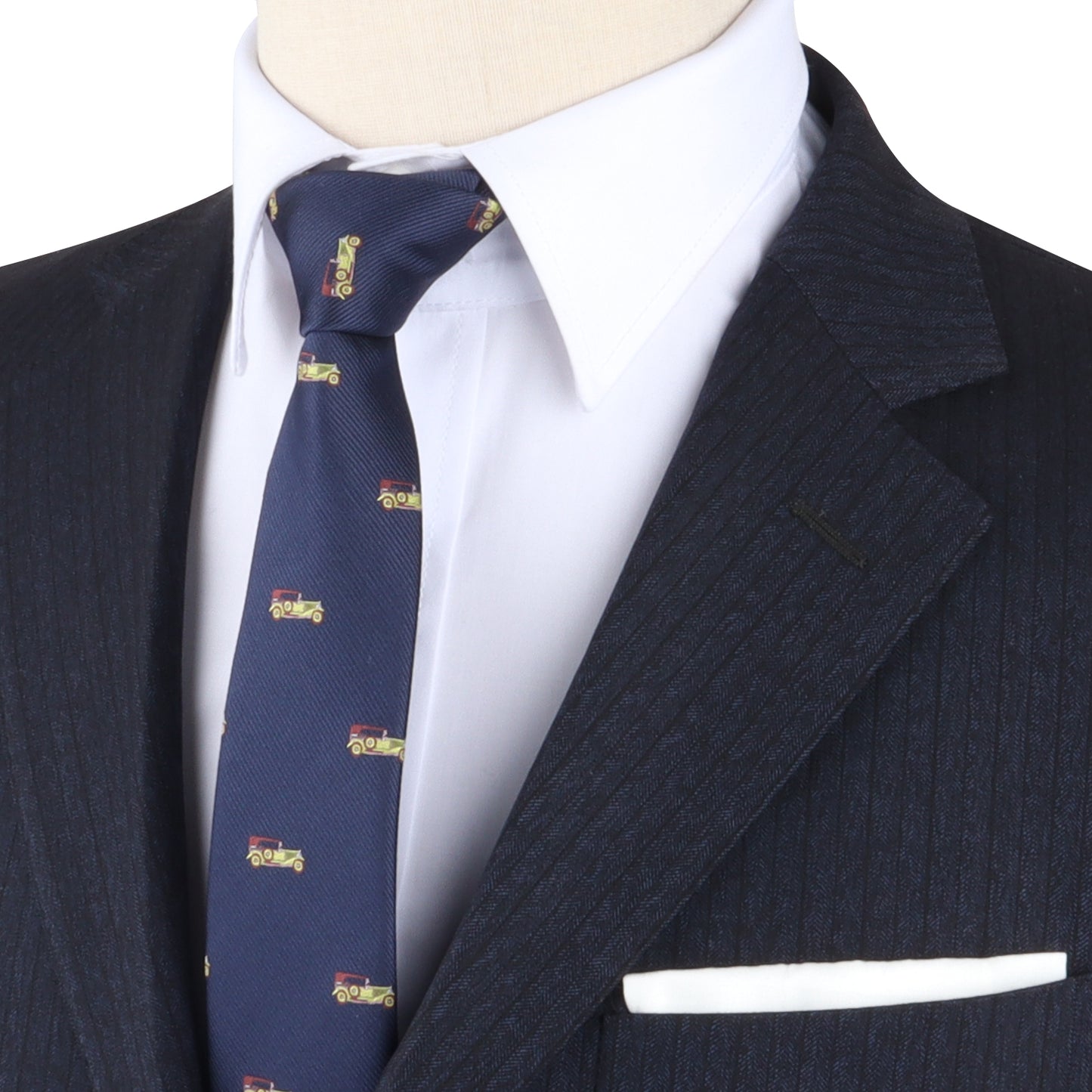 A mannequin wearing a vintage Classic Car Skinny Tie suit and tie.