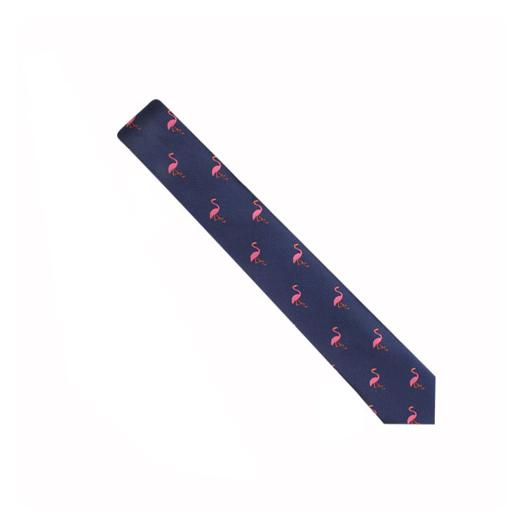 Sentence with product name: Navy blue Pink Flamingo Skinny Tie that exude tropical elegance, isolated on a white background.