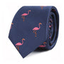 Navy blue tie with Pink Flamingo Skinny Tie pattern, embodying tropical elegance, displayed against a white background.