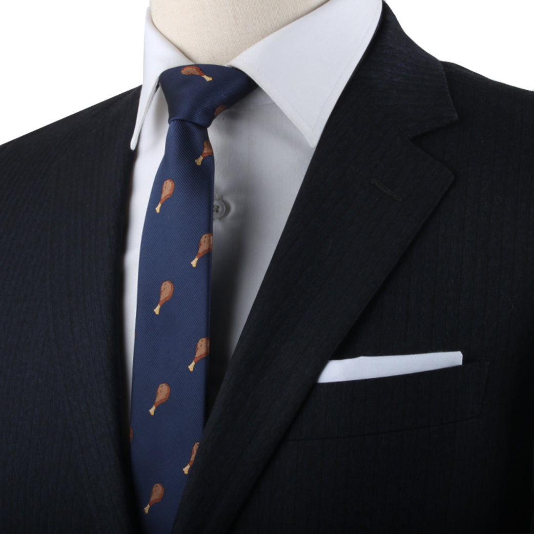 A modern mannequin dressed in a Chicken Skinny Tie suit and tie.