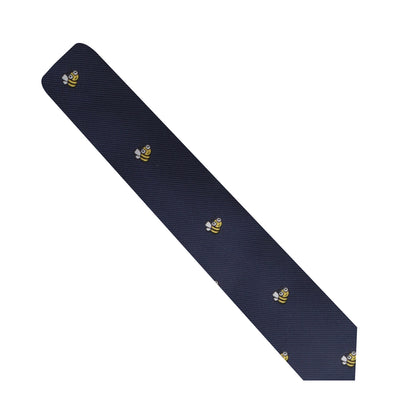 A stylish Bee Skinny Tie with gold bees on a blue background.